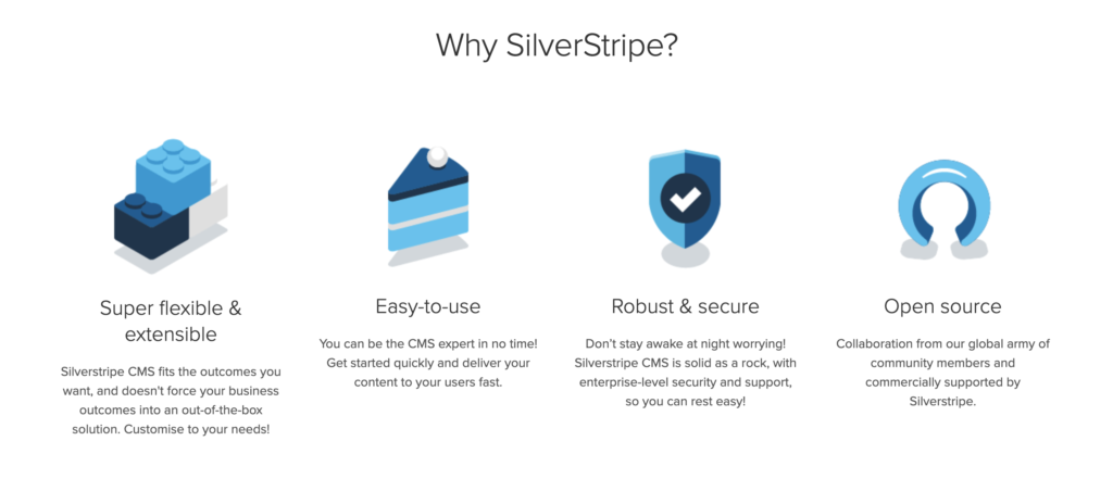 Página de inicio de Silverstripe con funciones listadas