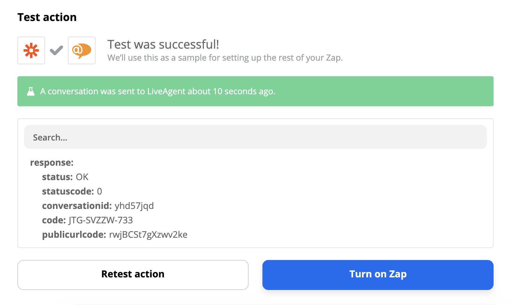 Successful test of a LiveAgent and Slack integration on Zapier