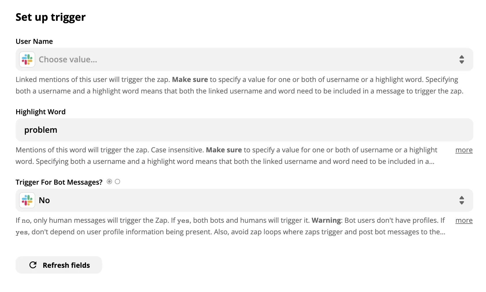 Showcase of a Slack trigger setup on Zapier