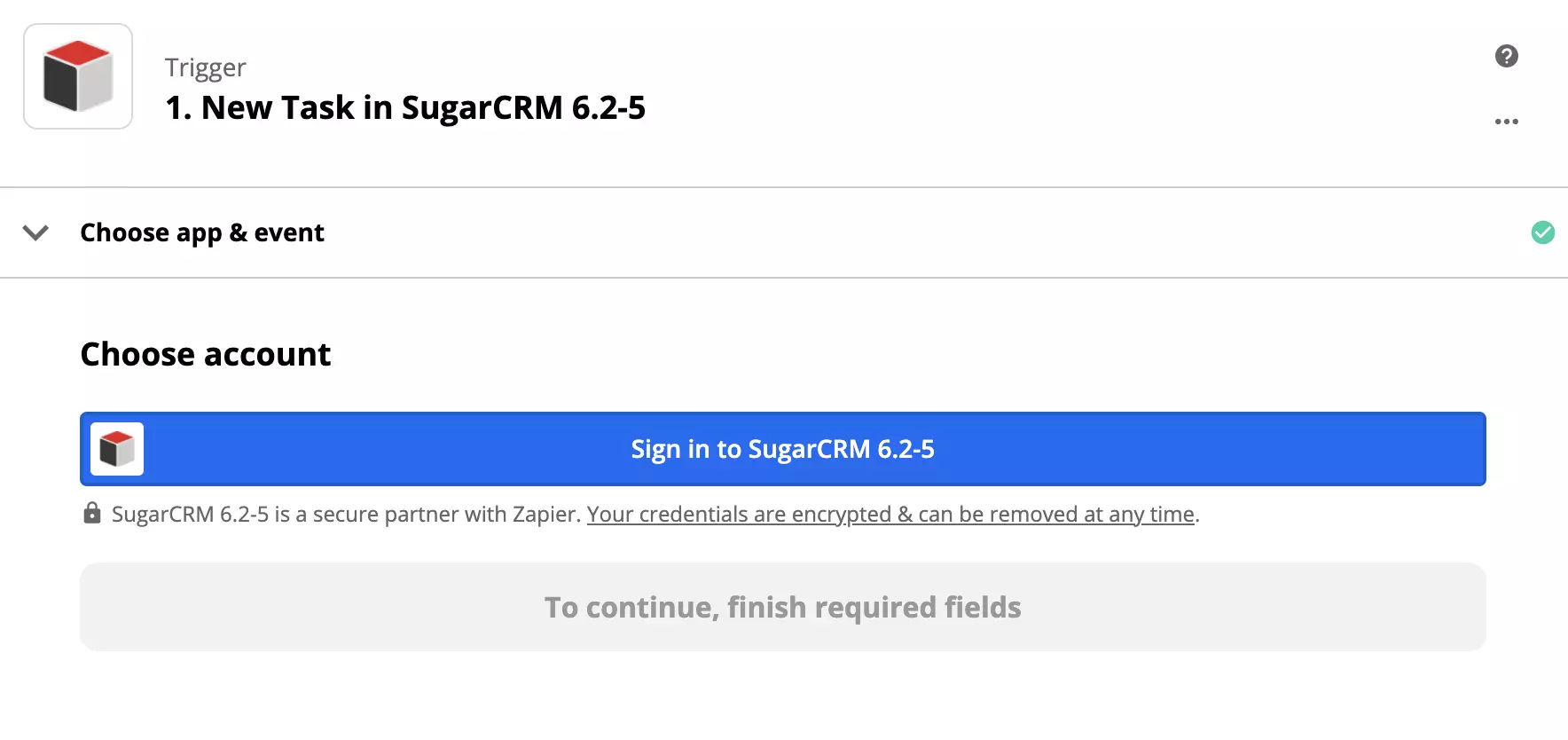 Configuración del disparador de SugarCRM en la integración de Zapier