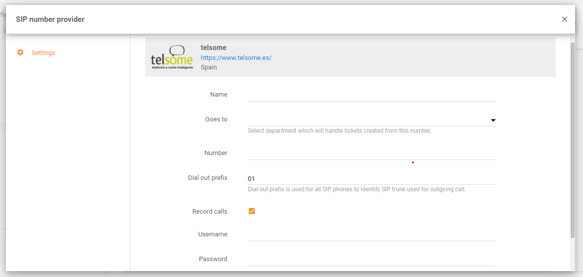 Integración de Telsome en LiveAgent