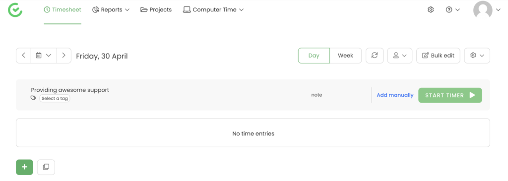 Selección de proyecto de TimeCamp con temporizador de inicio
