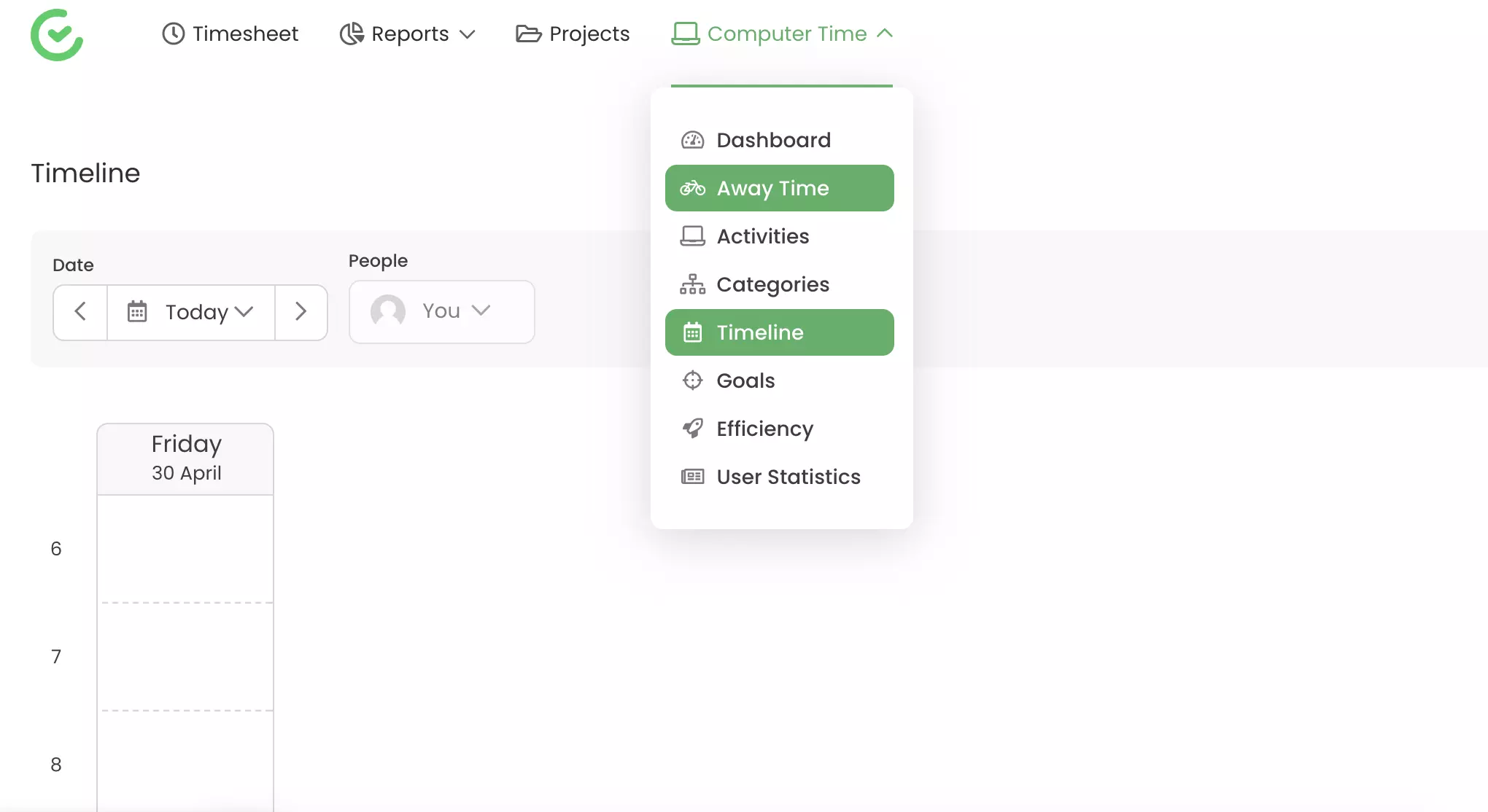 Capacidades de seguimiento como tiempo de ausencia y línea de tiempo visible en TimeCamp