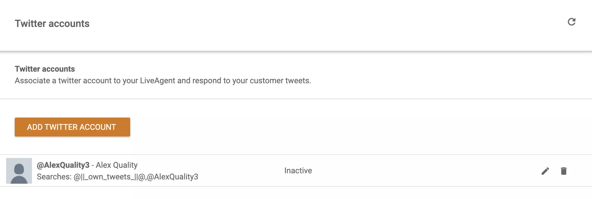 Imagen de cuentas conectadas a LiveAgent y la opción de agregar otra cuenta de Twitter (X) a la lista