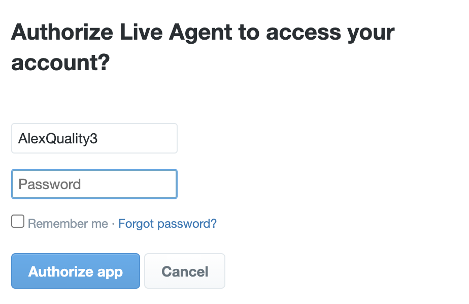 Iniciando sesión en una cuenta de Twitter (X) para autorizar a LiveAgent a acceder a tu cuenta elegida