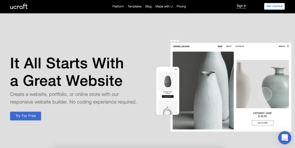 Página de inicio de Ucraft con botón Get Started en la esquina superior derecha