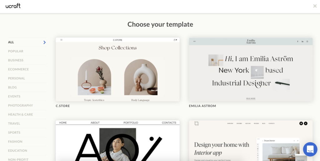 Pantalla de selección de plantilla de Ucraft con múltiples opciones de plantilla