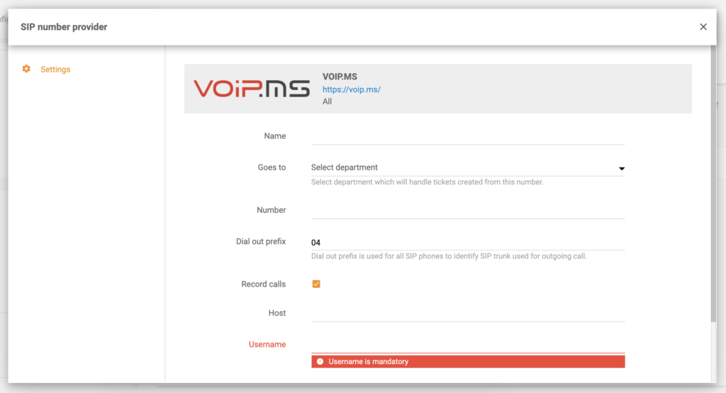Configuración de VoIP.ms en la configuración de llamadas de LiveAgent