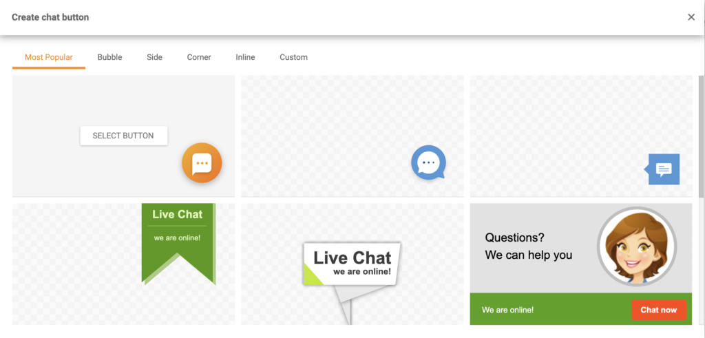 Chat button gallery with a large chat button selection in LiveAgent