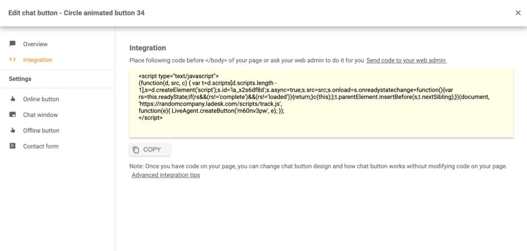 Chat button code after successful configuration in LiveAgent