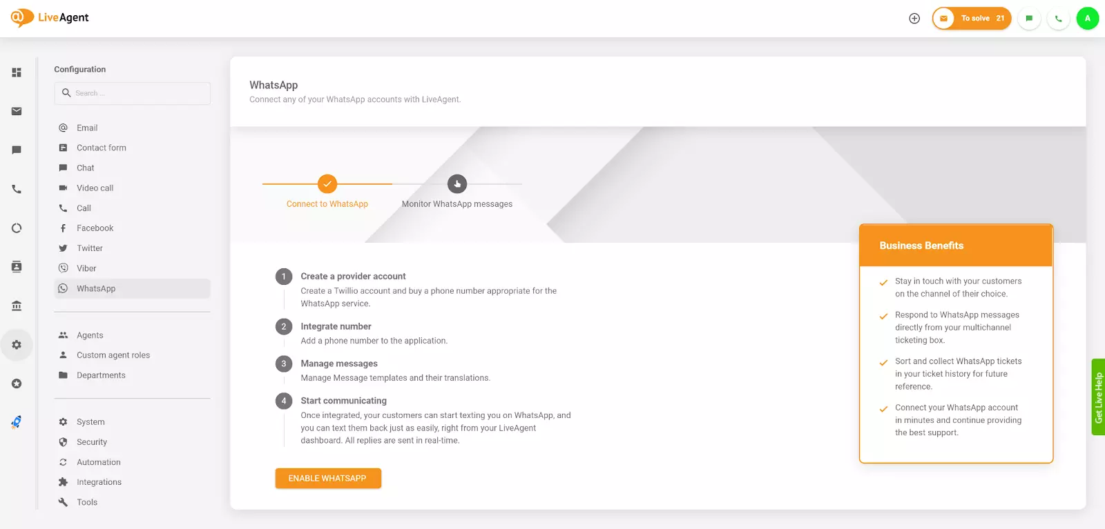 Integración de WhatsApp de LiveAgent