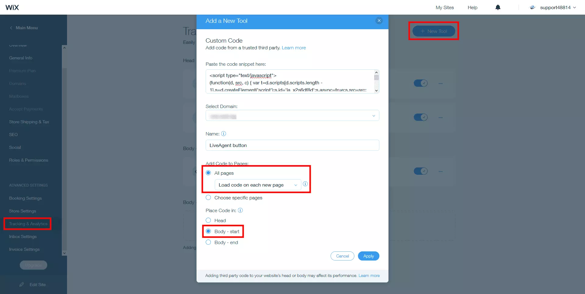 Coloca el código de chat en directo de LiveAgent en el cuerpo del sitio de Wix