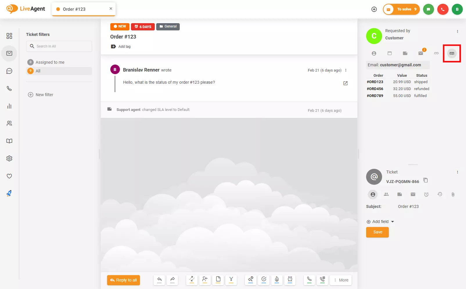 Dónde encontrar la integración de Woocommerce en el ticket de LiveAgent