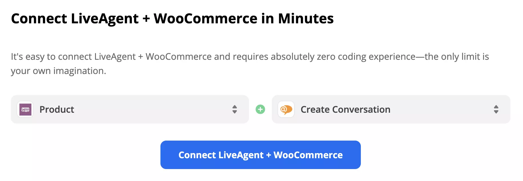Disparador de WooCommerce y acción de LiveAgent seleccionados en la página de integraciones de Zapier