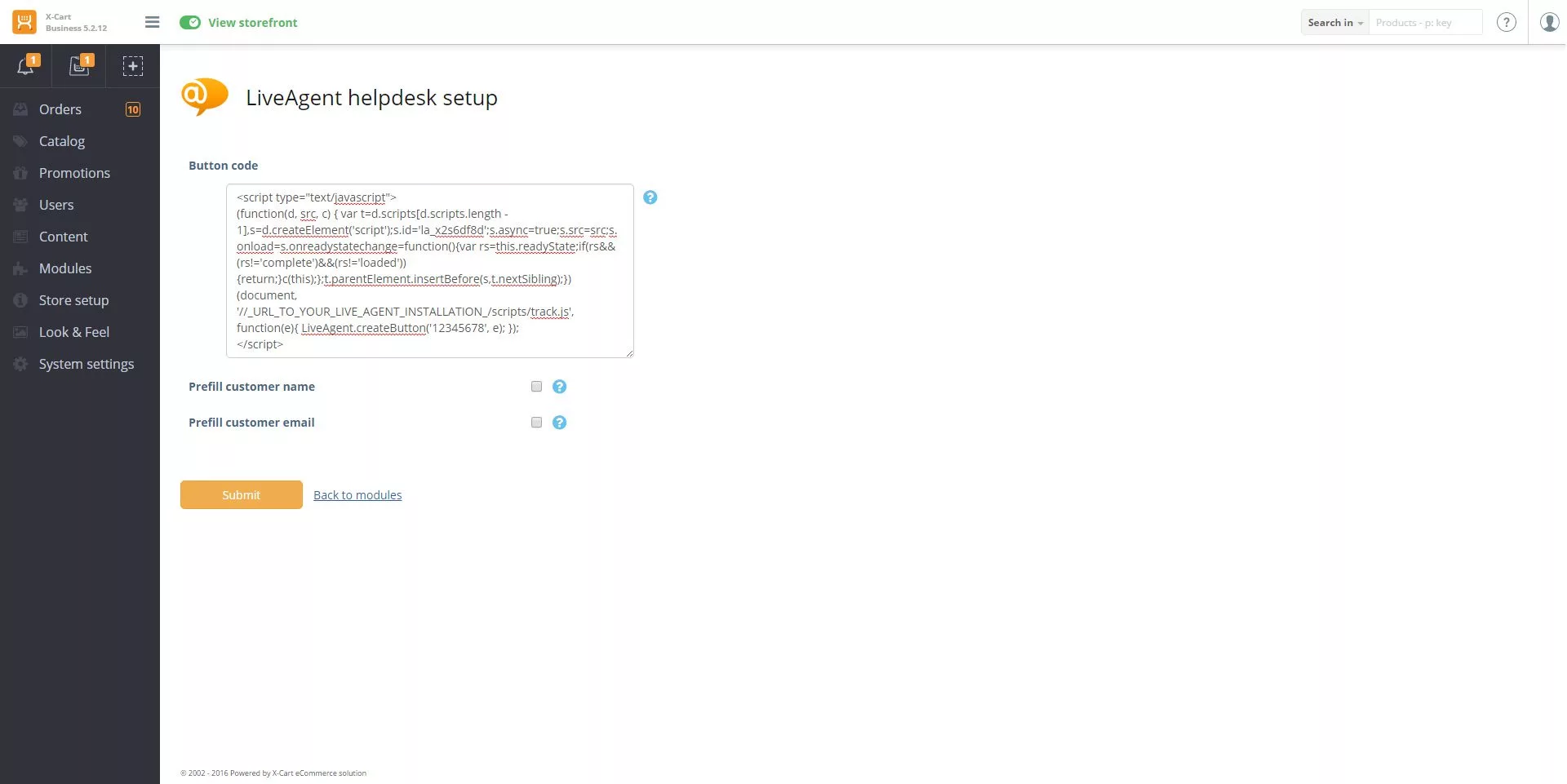 Configuración del código de integración de X-Cart LiveAgent