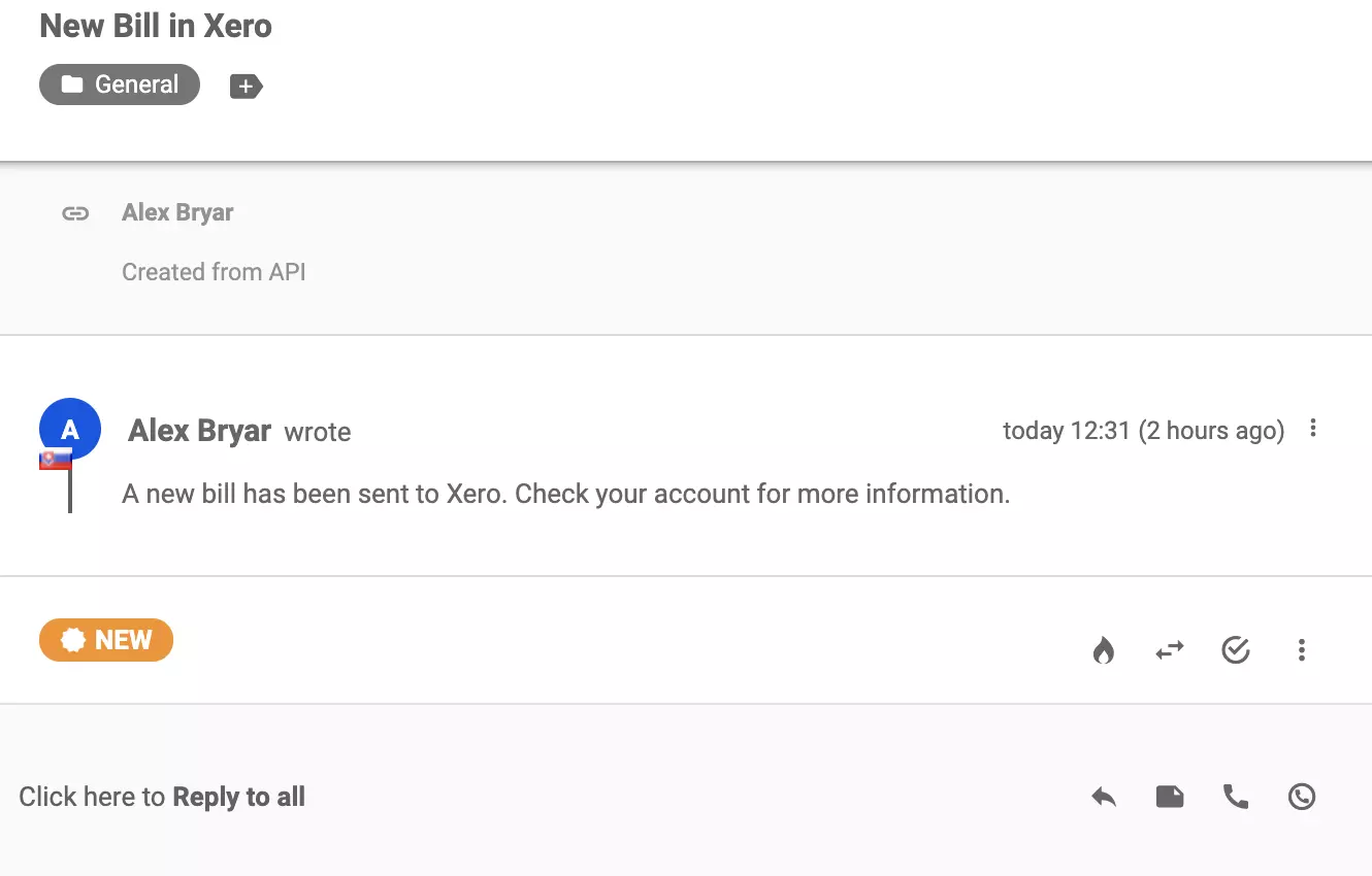 Una nueva conversación enviada al sistema de tickets de LiveAgent después de una integración exitosa con Xero