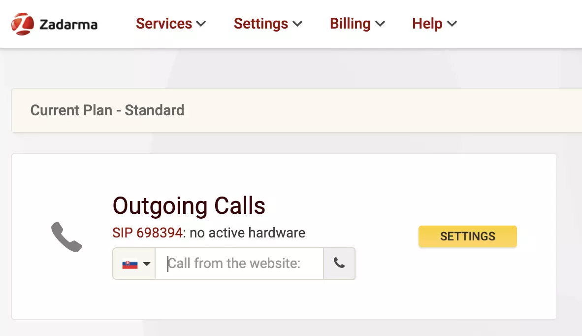 Sitio web del proveedor VoIP Zadarma con opción de llamada