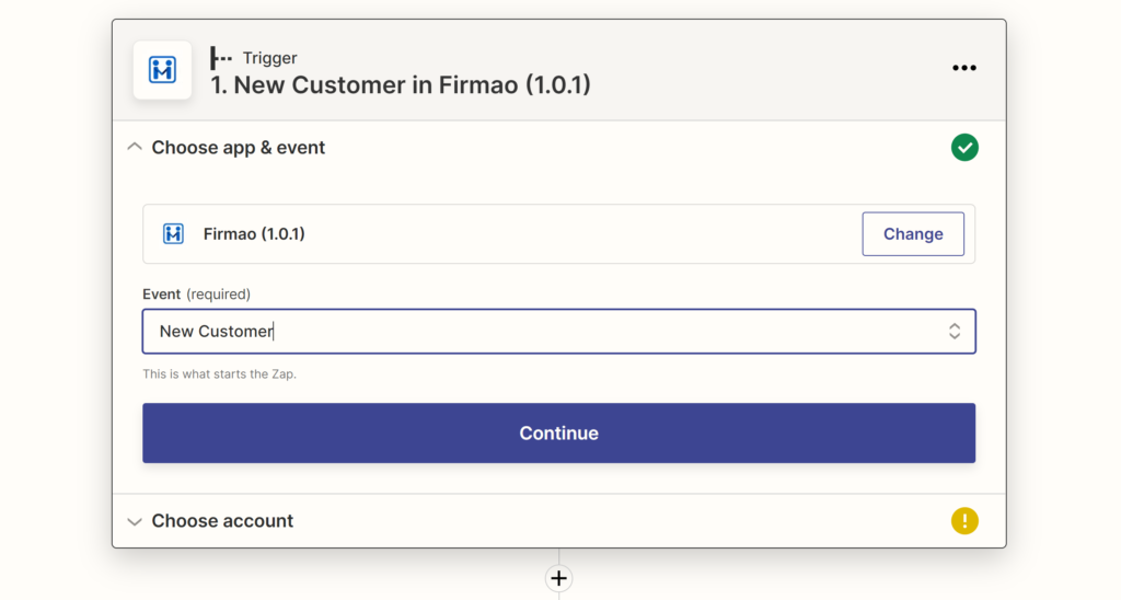 Selección de un evento de Firmao durante la configuración de integración en Zapier