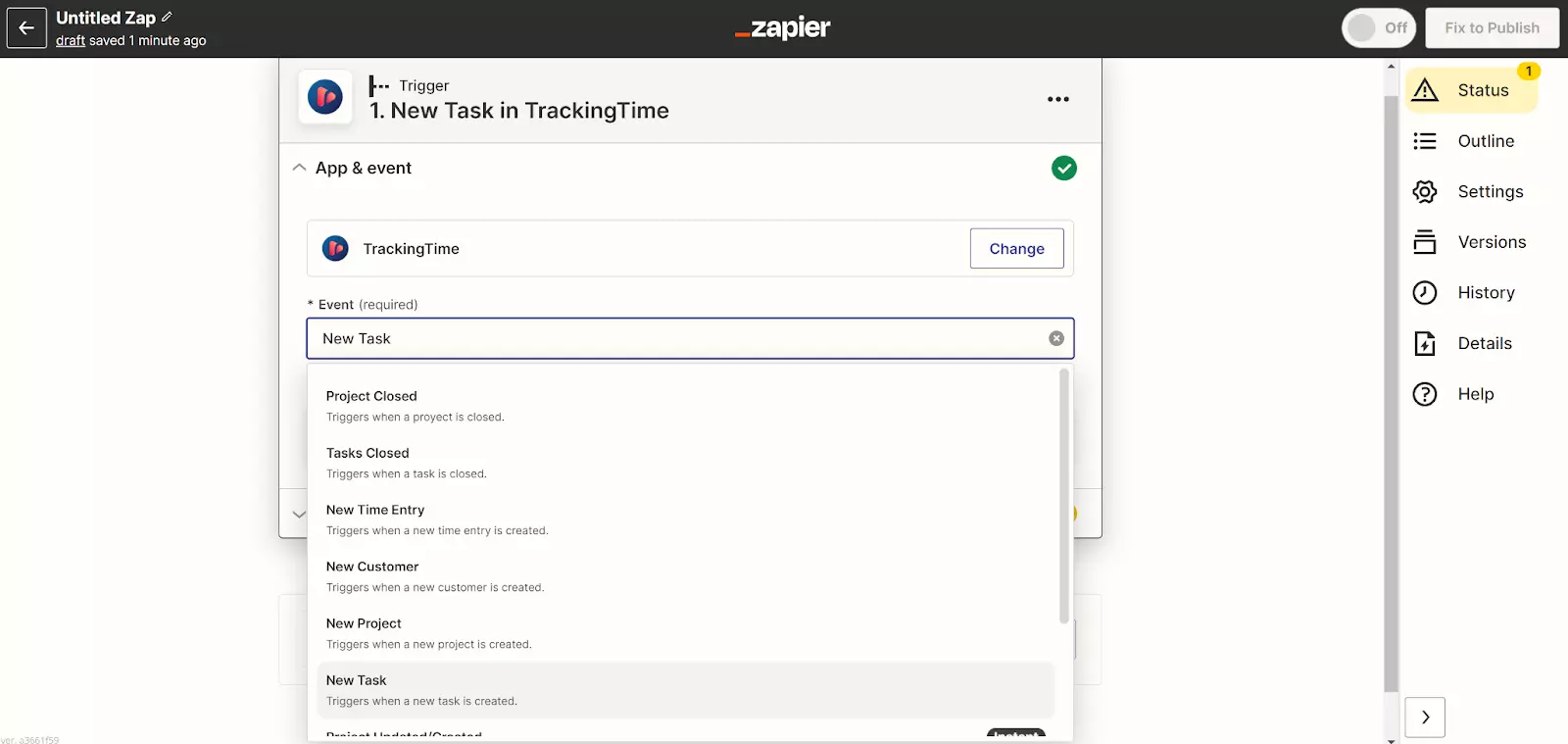 Zapier - nueva tarea en TrackingTime