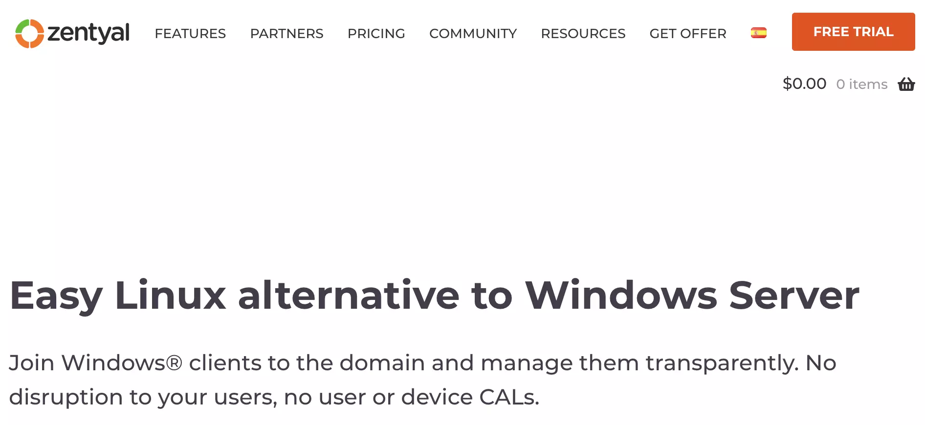 Página principal de Zentyal con subpáginas e información