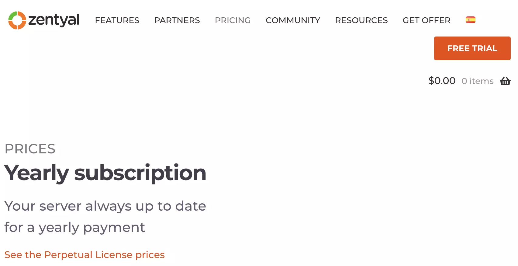 Sección de planes de pago de Zentyal en la web de Zentyal