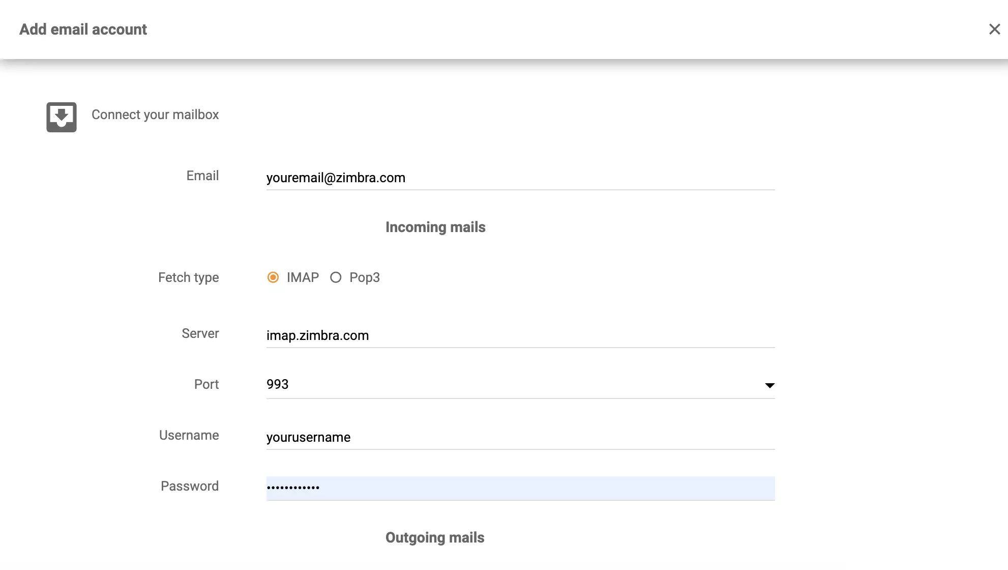 Configuración de IMAP/POP3 de Zimbra