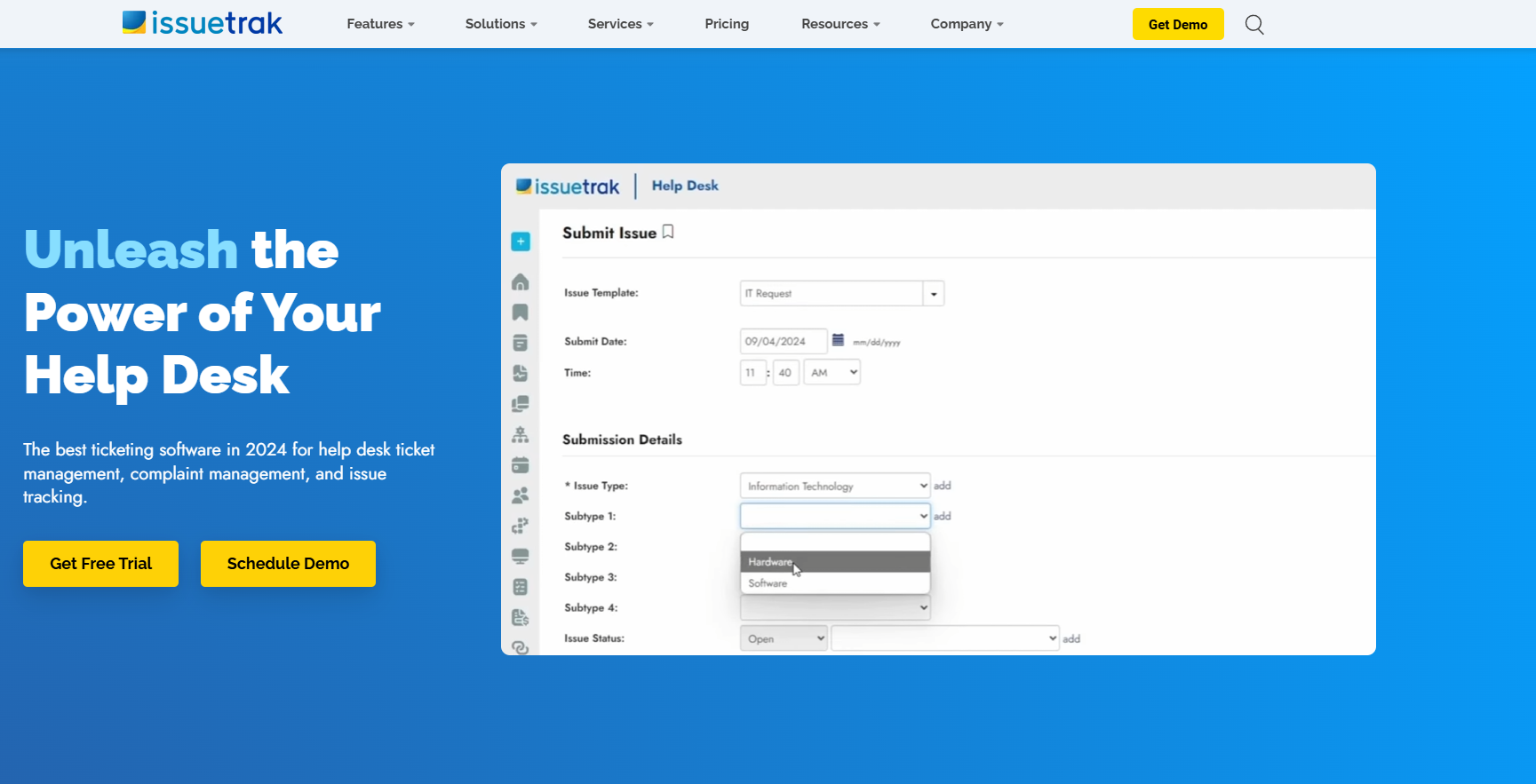 página de inicio de issuetrak