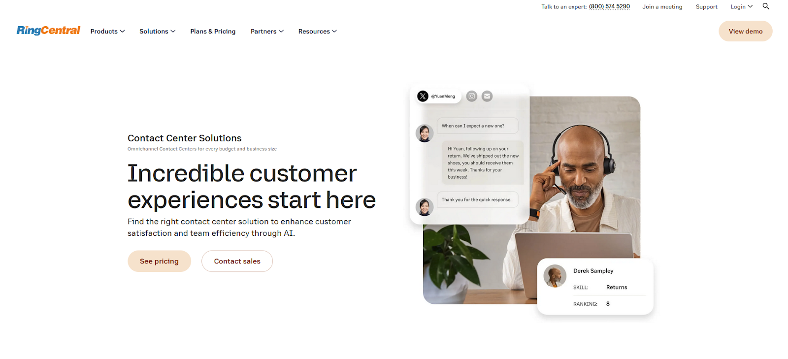 página de inicio del software de centro de contacto RingCentral