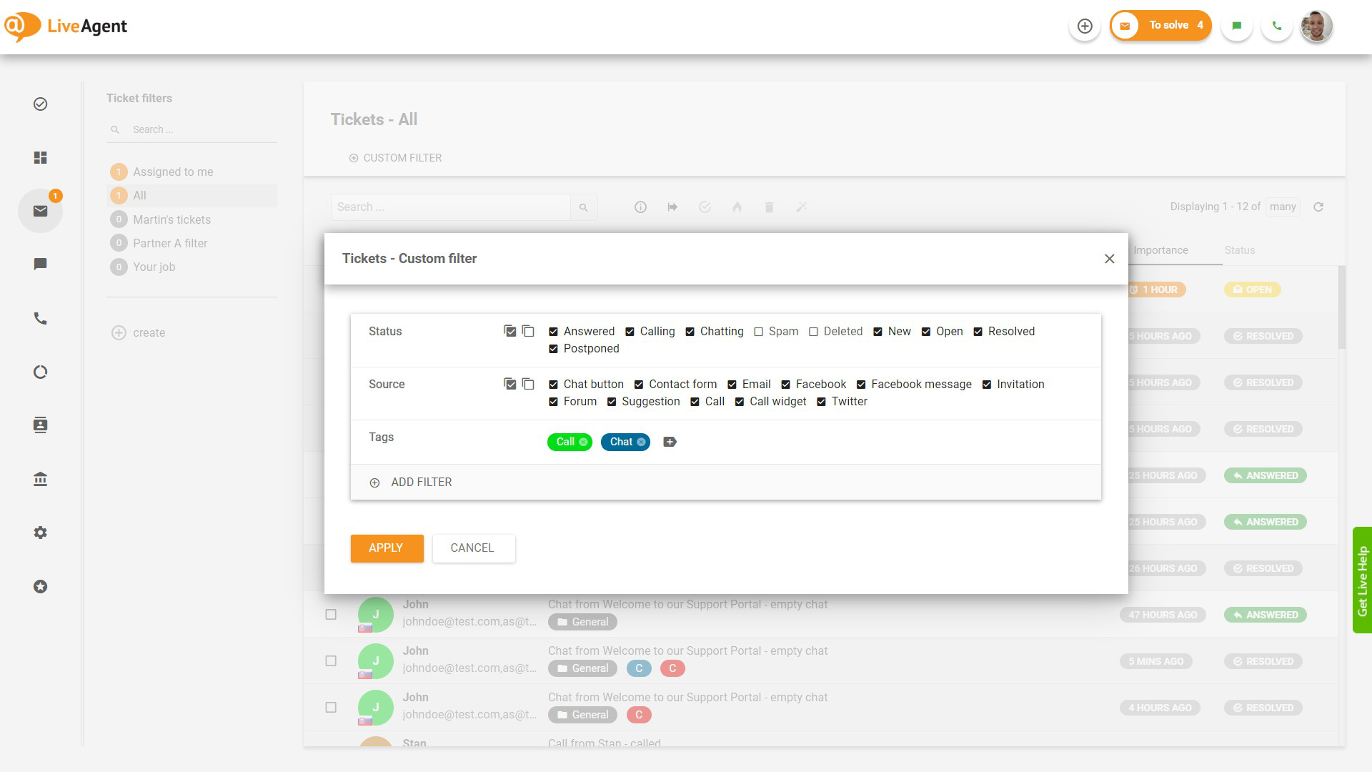 Característica de filtrado de tickets por etiquetas en LiveAgent