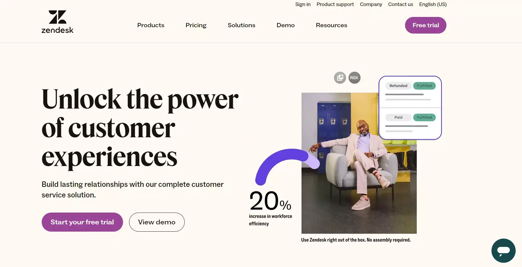 Página de inicio de Zendesk Suite - software de chat en vivo de comercio electrónico orientado a relaciones