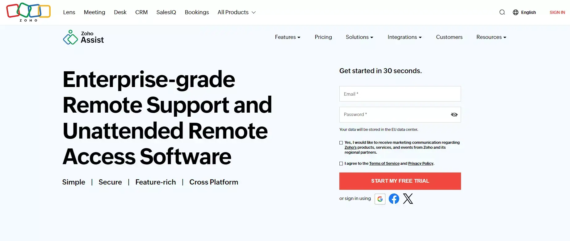 Página de inicio de Zoho Assist - software robusto de help desk remoto