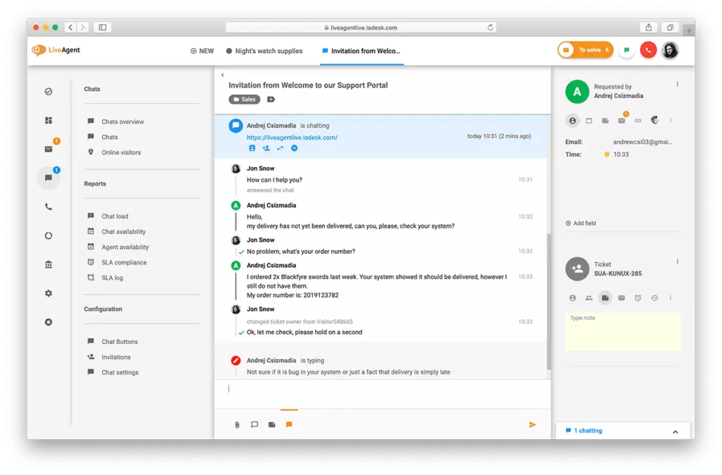 Descripción general de la interfaz de chat en vivo en LiveAgent.