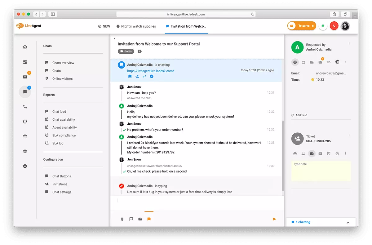 Descripción general de la interfaz de chat en vivo en LiveAgent.