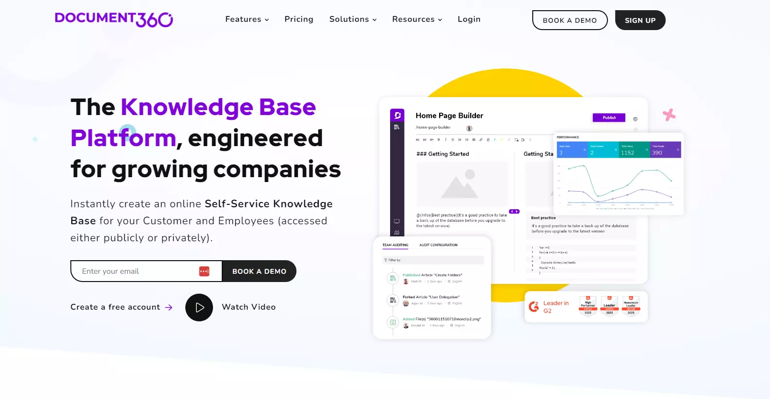 Captura de pantalla de la página de inicio de Document360 enfocándose en características clave