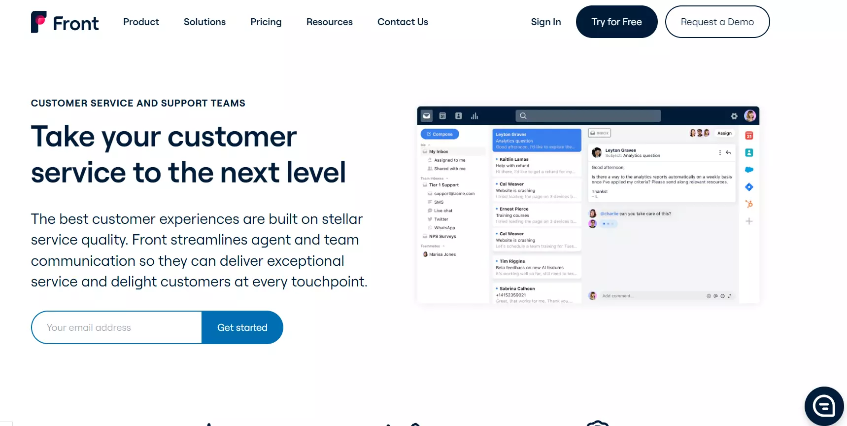 Página de inicio del servicio al cliente de Front