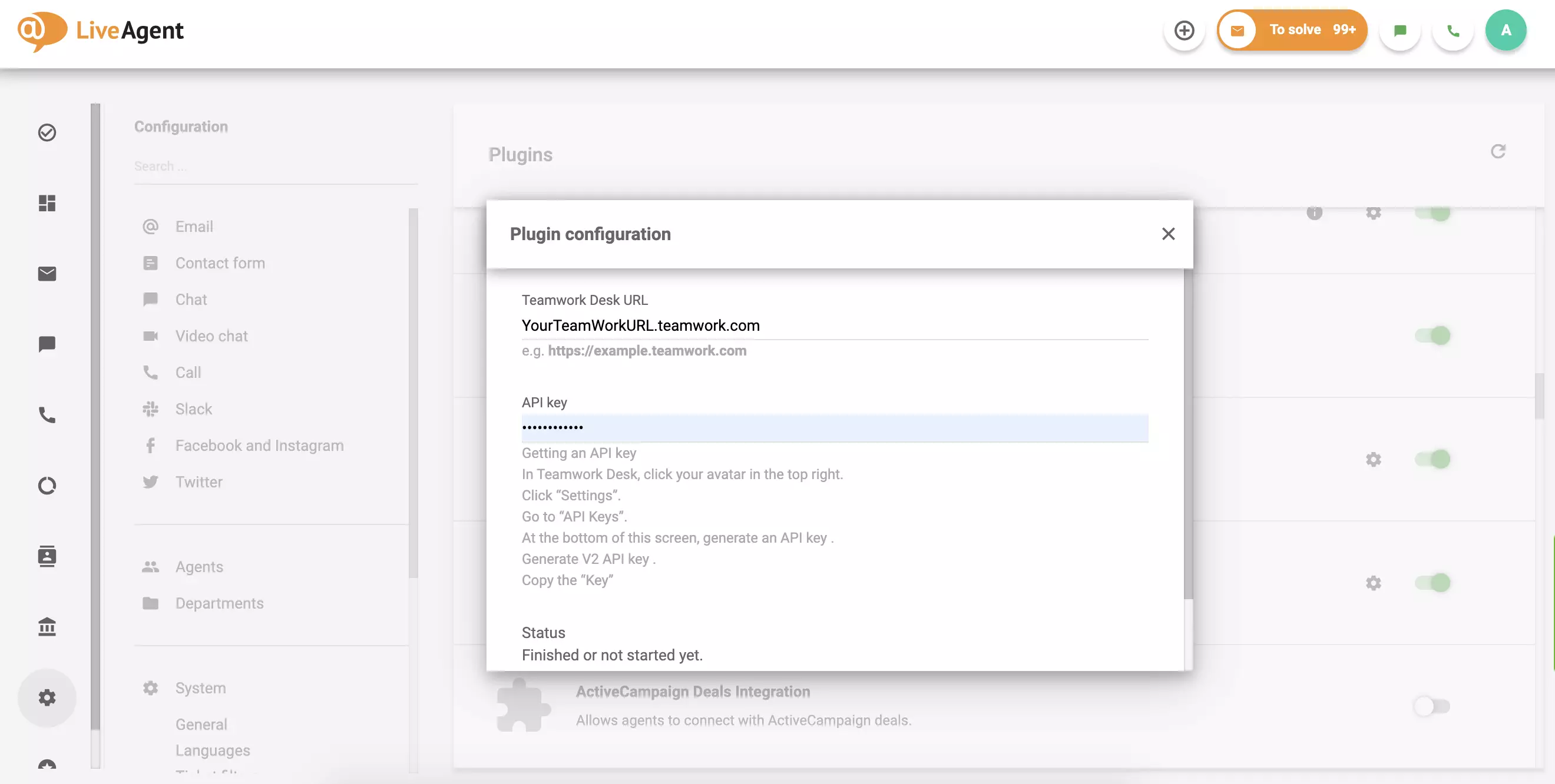 Completa tu URL de Teamwork Desk y API, luego haz clic en Guardar.