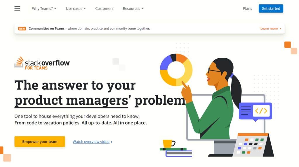 Página de inicio de Stack Overflow for Teams, ideal para sistemas de base de conocimiento