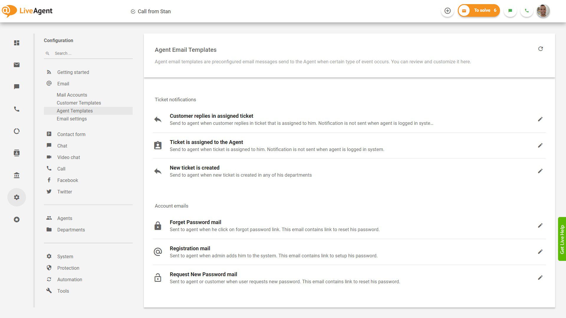 Guarda plantillas de correo electrónico e implementalas con un solo clic dentro del panel de LiveAgent