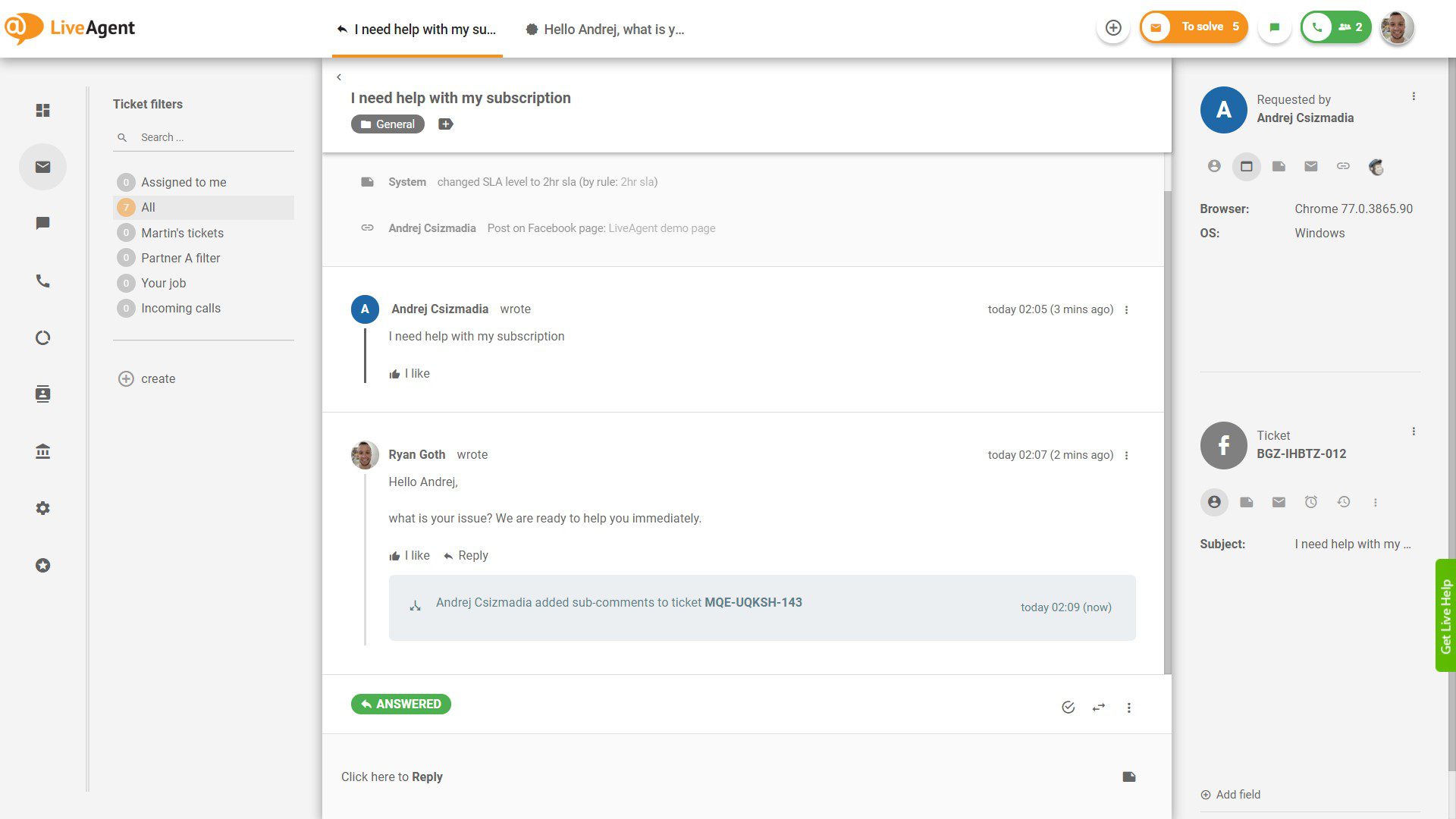 Ticket de Facebook dentro de LiveAgent