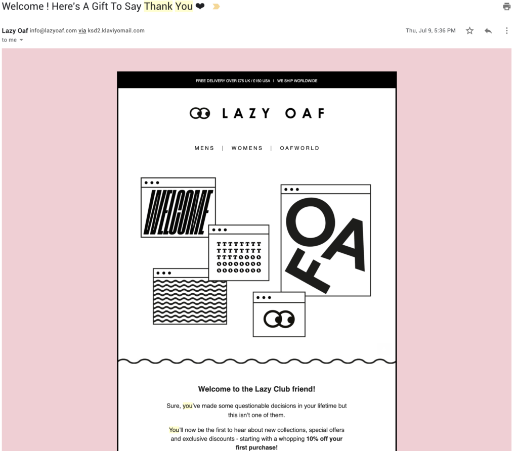 Plantilla de correo de agradecimiento al cliente de Lazy Oaf