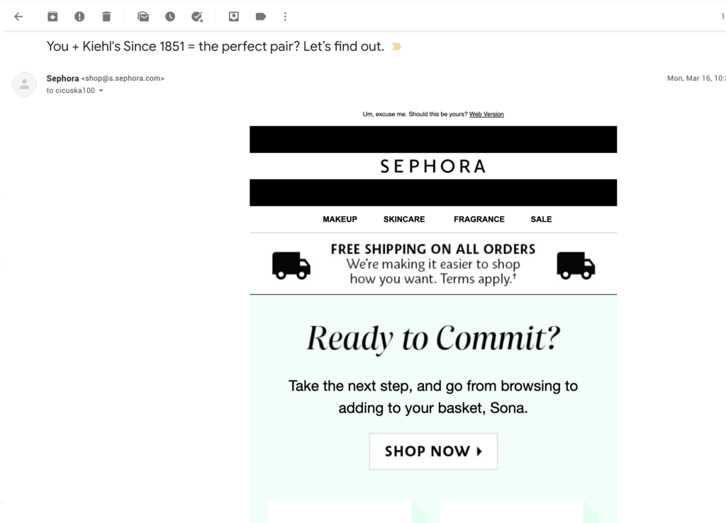 Ejemplo de correo electrónico de abandono de carrito de compras por Sephora