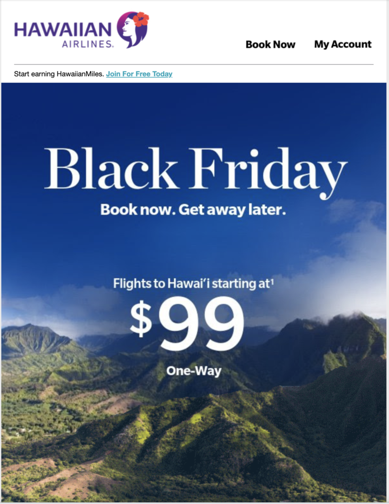 Campaña de correo electrónico de Black Friday de Hawaiian Airlines