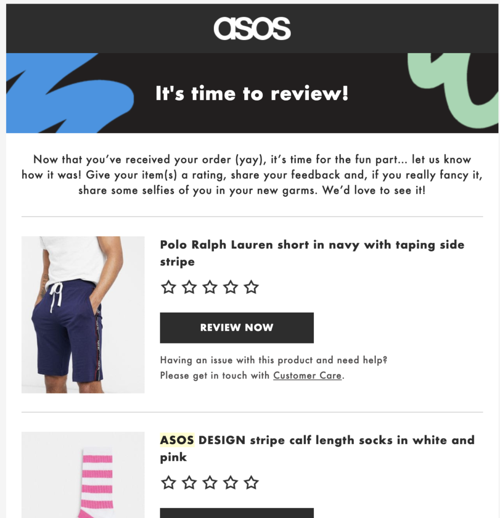 Plantilla de correo electrónico post-compra de ASOS