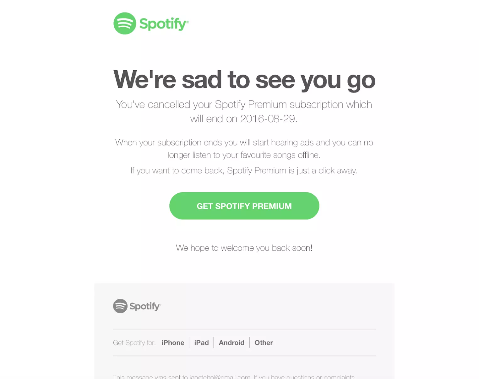 Ejemplo de correo electrónico de cancelación de Spotify
