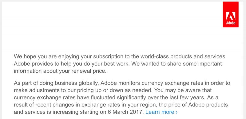 Adobe price increase announcement