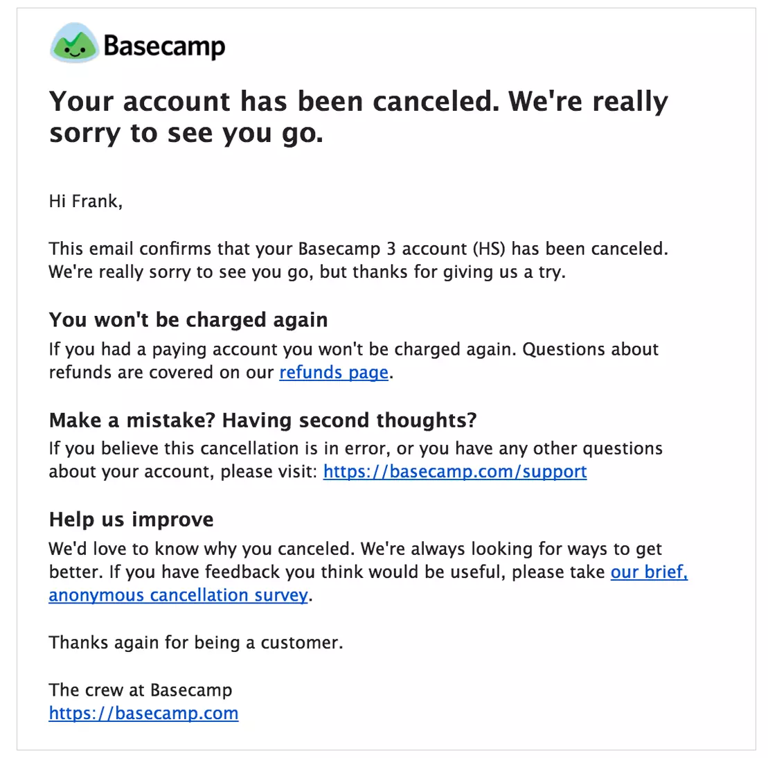 Ejemplo de correo electrónico de cancelación de cuenta de Basecamp