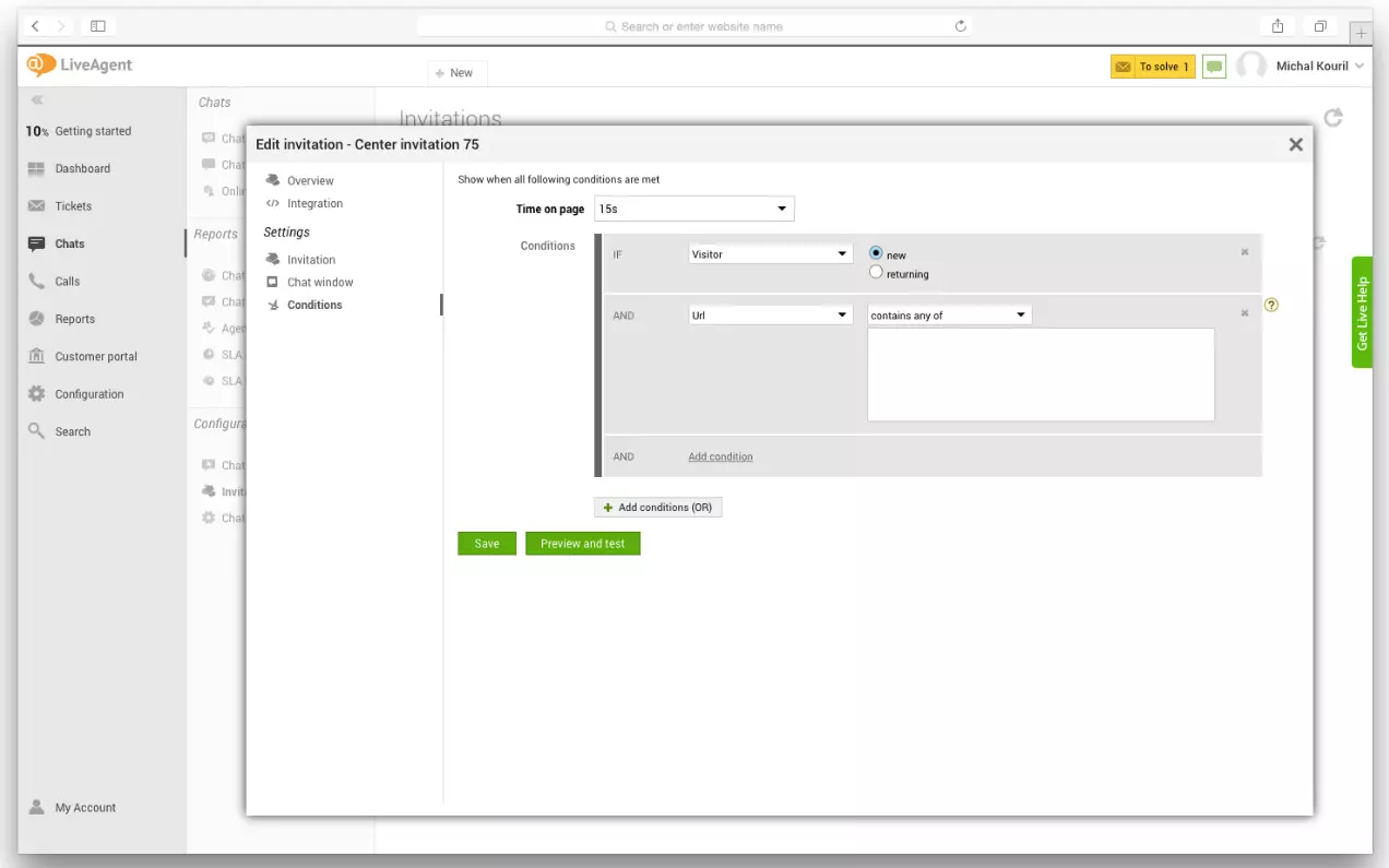 Configuración de LiveAgent mostrando cómo configurar disparadores de chat proactivo