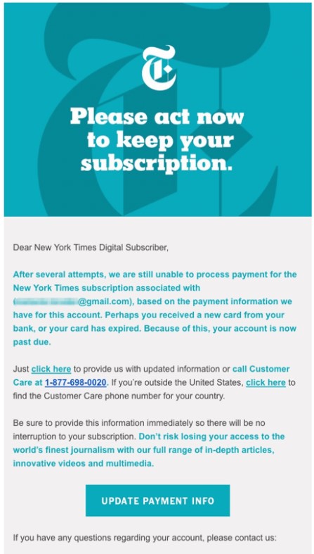 Ejemplo de correo electrónico de dunning del New York Times