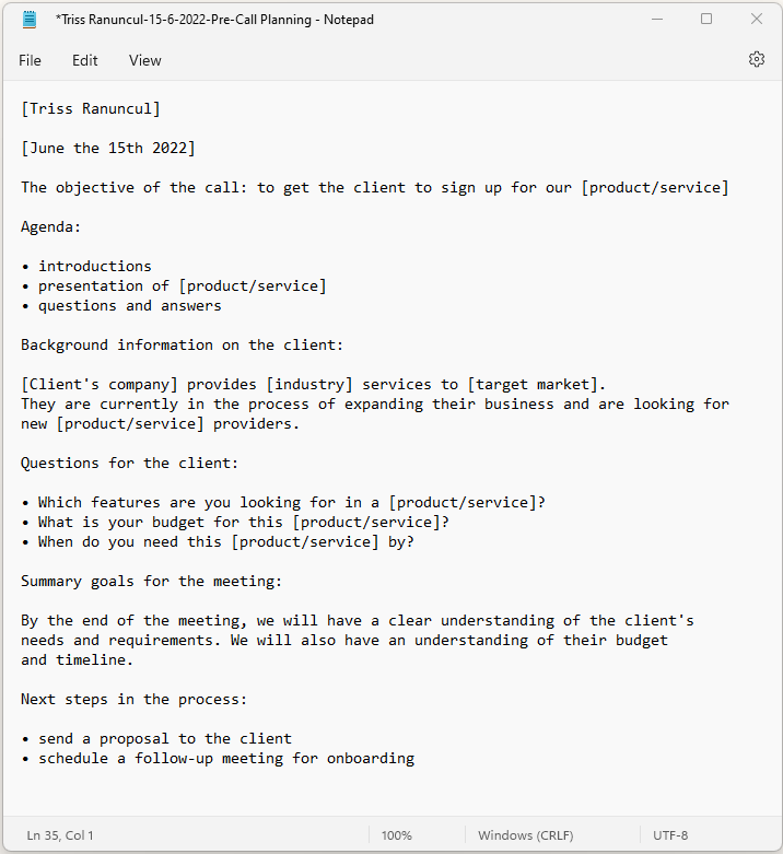 Ejemplo de notas de planificación previa a la llamada
