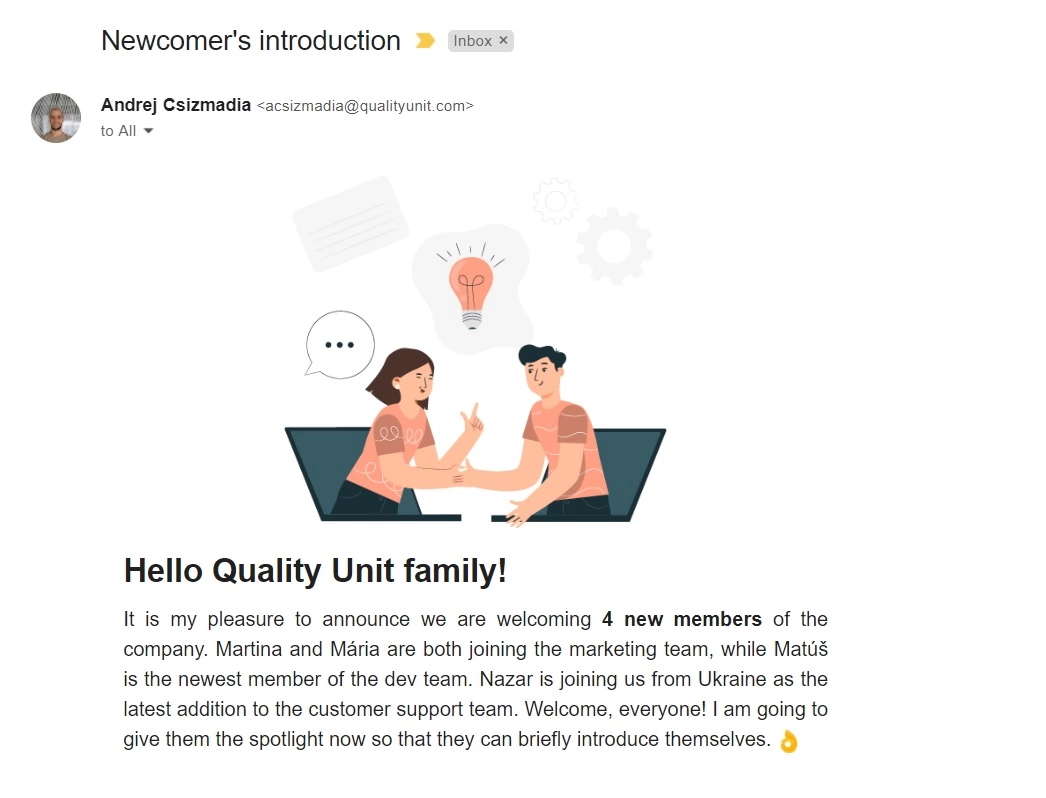 Correo de introducción de recién llegados de Quality Unit